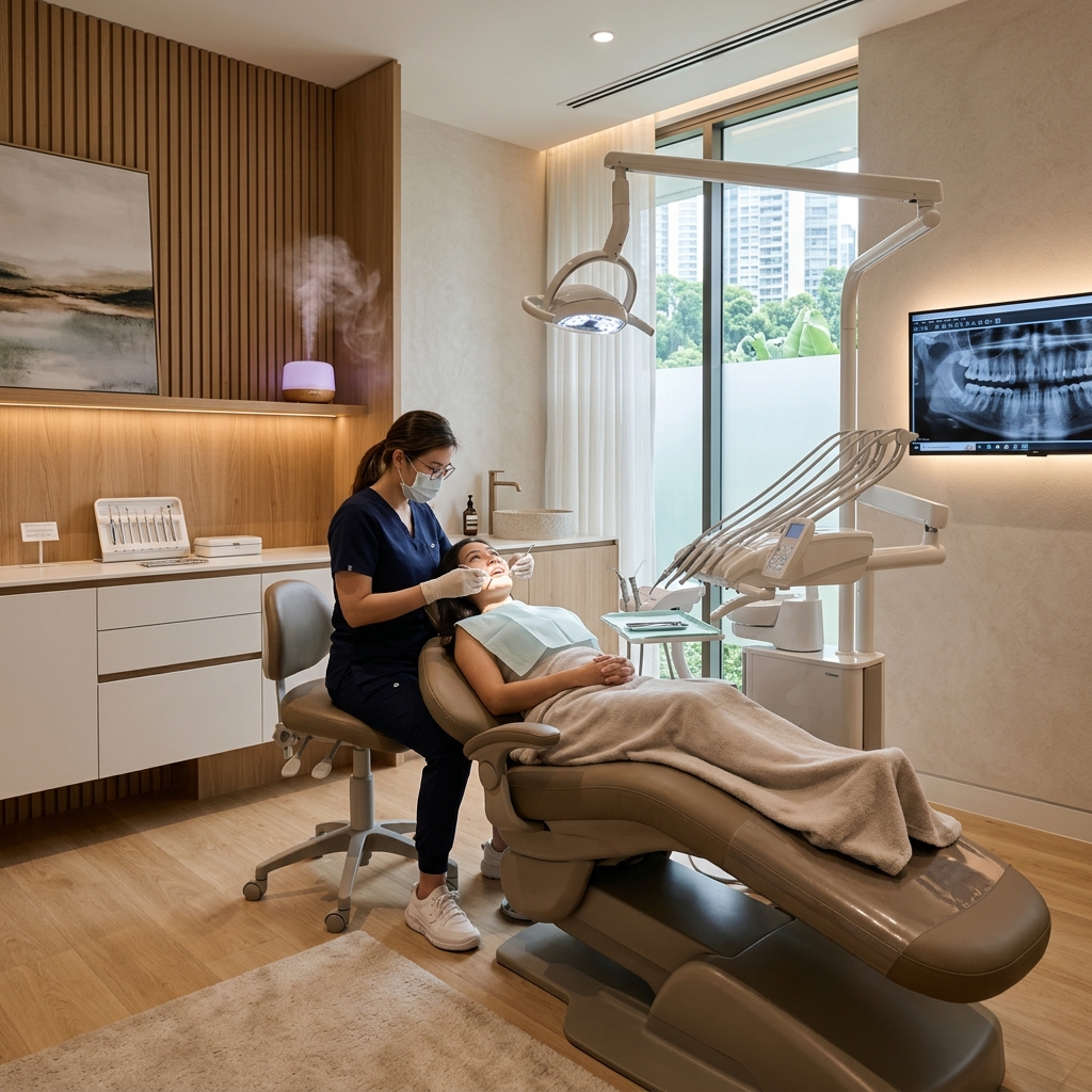 Patient smiling with caring professional dentist in a high-end luxury setup.