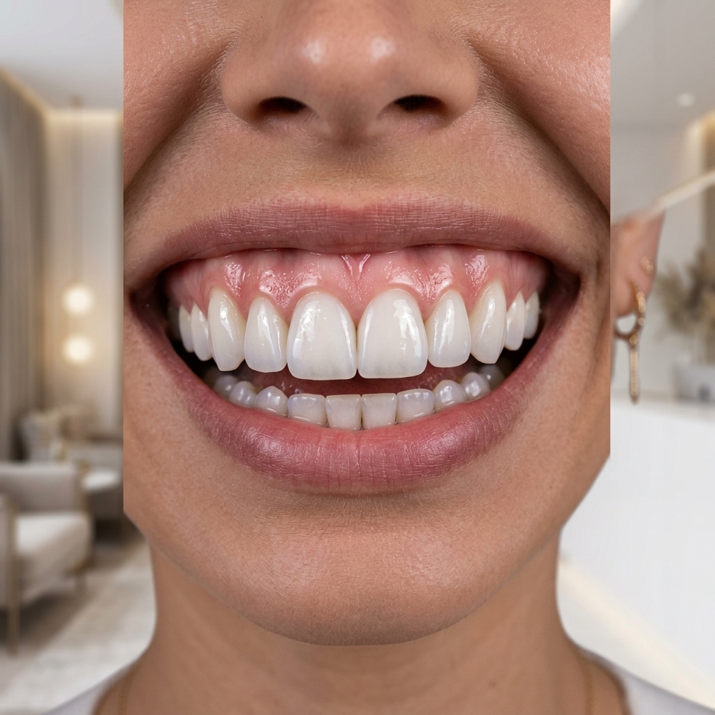 Beautiful close-up smile showcasing porcelain teeth veneers.